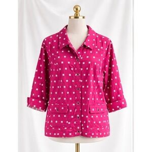 CJ Banks Jacket Pink White Dot Button Up 3/4 Sleeve Stretch Travel Size 1X